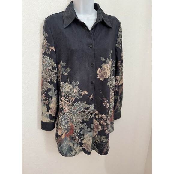 Soft Surroundings Tunic Button Up Micro Suede Gray Stretch Office Floral XS - Picture 1 of 7